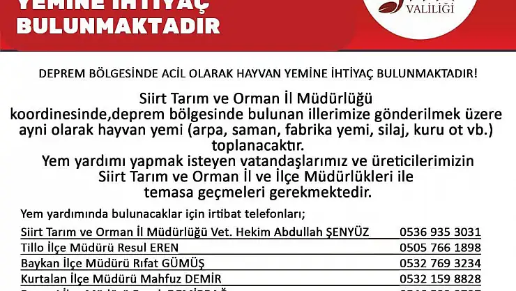 SİİRT'TEN DEPREM BÖLGESİ İÇİN HAYVAN YEMİ TOPLANACAK