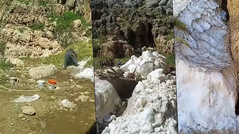 Siirt Çıraw Dağı'nda İlginç Yöntem: Karı Eritip Hayvanlara Su Yapıyorlar
