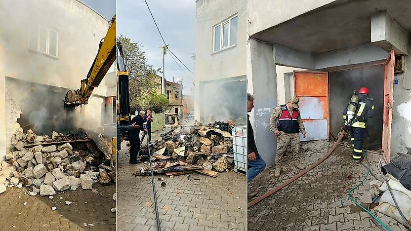 Siirt'te Odunluk Yangınına Ekskavatörlü Müdahale: Depo Duvarı Yıkıldı