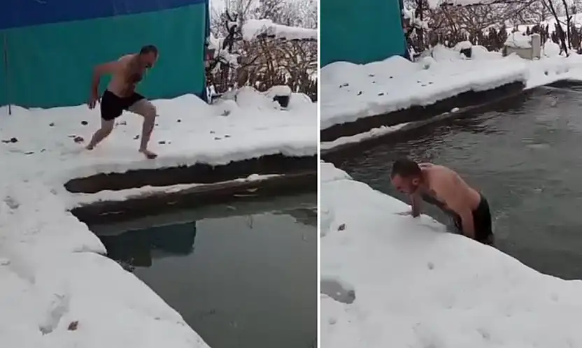 Siirt'te eksi 8 derecede buz gibi suya girdi!