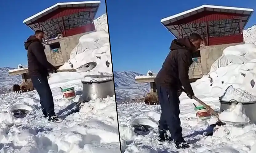 Siirt'te köylüler hayvanlarına eritilmiş kar suyu içiriyor