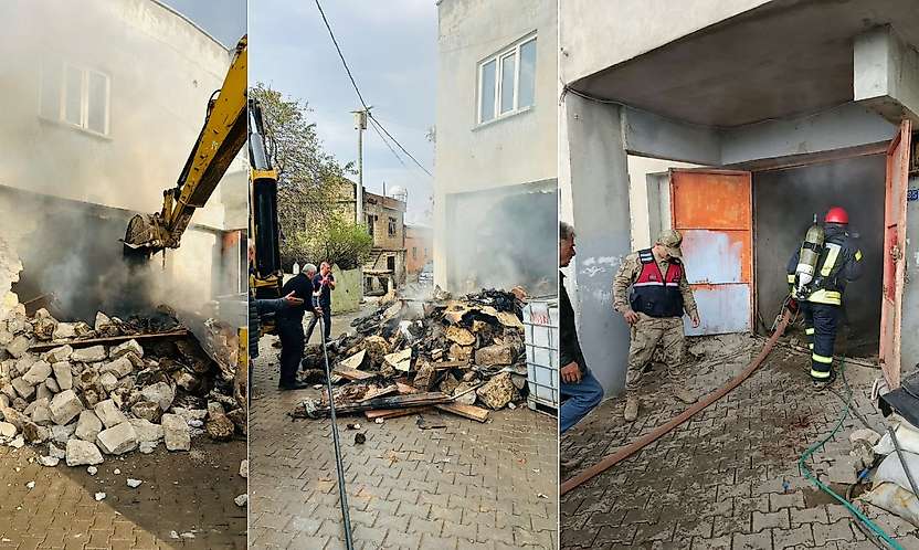 Siirt'te Odunluk Yangınına Ekskavatörlü Müdahale: Depo Duvarı Yıkıldı