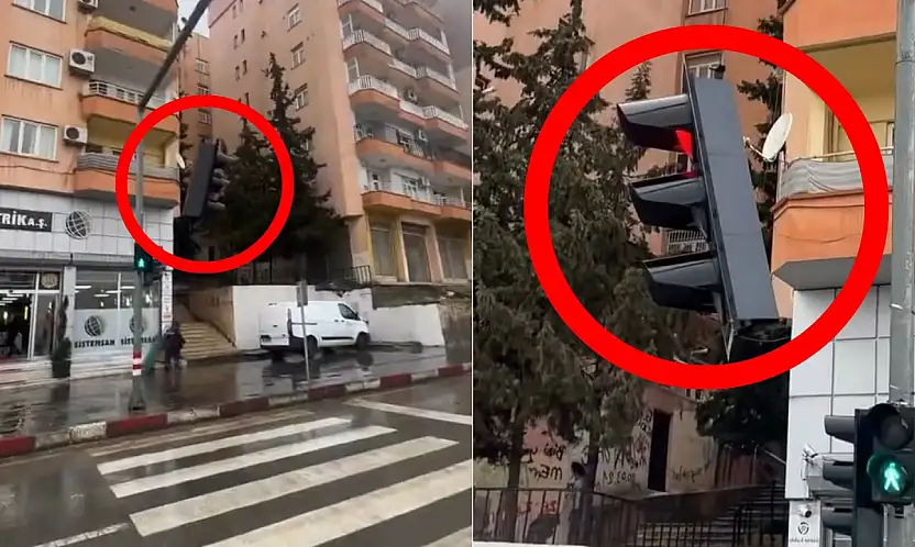 Siirt'te trafik ışığı direkte asılı kaldı, yol kısa süreli trafiğe kapatıldı
