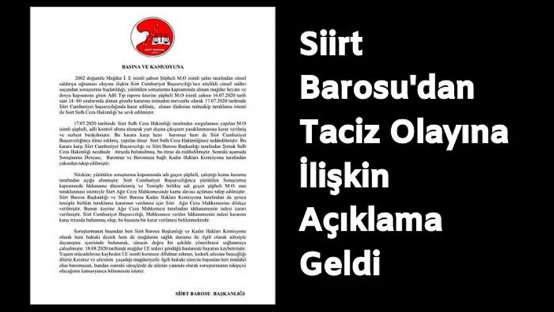 Siirt Barosu, İ.E'ye tecavüz eden uzman çavuşun açığa alındığını duyurdu