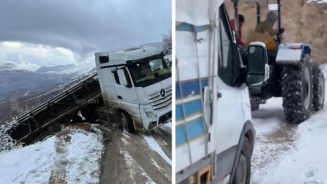 Eruh'ta Kar Kazaları Beraberinde Getirdi: Kamyon Uçurumun Kıyısından Döndü