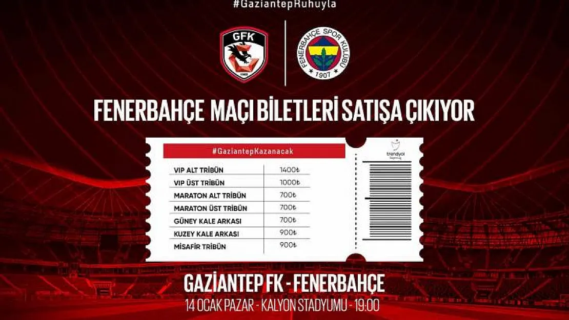 Gaziantep FK-Fenerbahçe maçı biletleri satışta