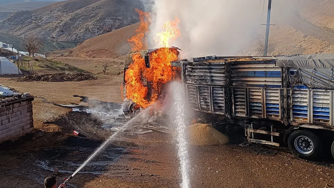 Siirt'te arpa yüklü tır alev alev yandı