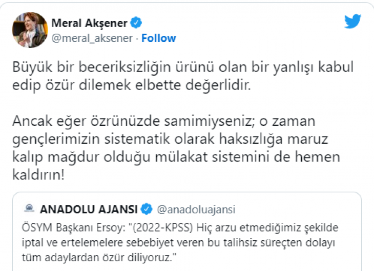 Akşener'den yeni ÖSYM başkanına: Mülakat sistemini hemen kaldırın