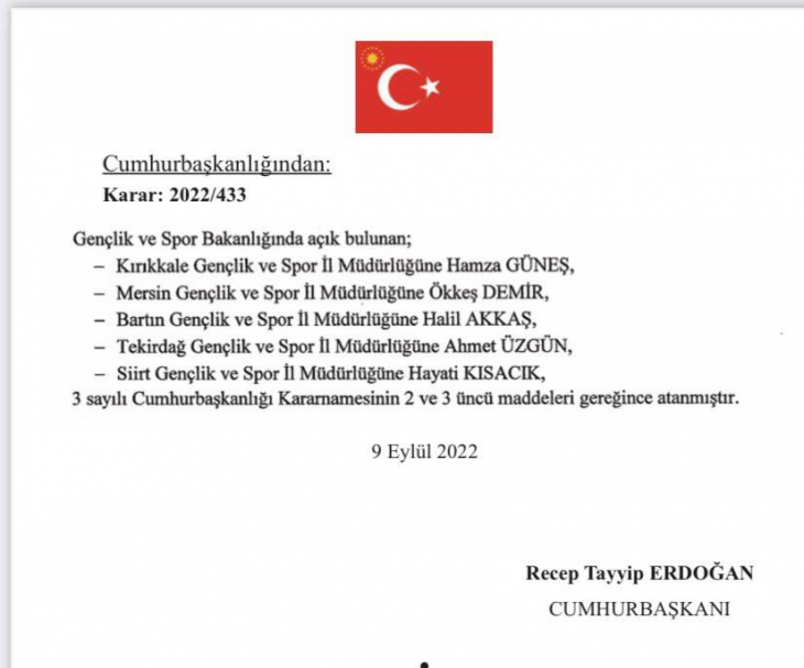 Cumhurbaşkanı Erdoğan'ın İmzasıyla Siirt Gençlik ve Spor İl Müdürlüğüne Hayati Kısacık Asaleten Atandı