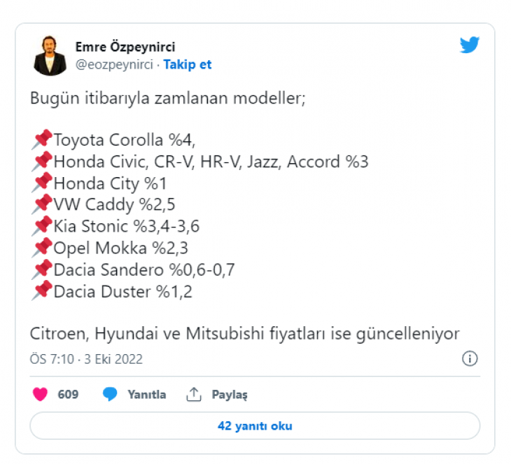 Otomobil fiyatlarına da zam: İşte zamlı liste