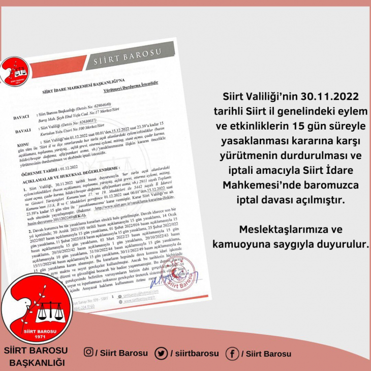 Siirt Barosu 15 Günlük Yasaklama Kararının İptali İçin Dava Açtı