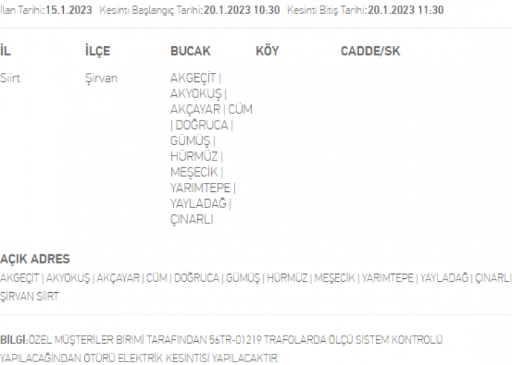 Siirt 20 - 21 -22- 23 - 24 Ocak 2023 Elektrik Kesintisi Yerleri ve Saatleri