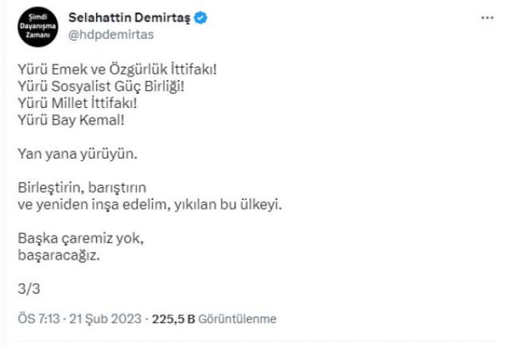 Cezaevindeki Demirtaş'tan Kılıçdaroğlu ve muhalefete birlik çağrısı: Yan yana yürüyün, başka çaremiz yok