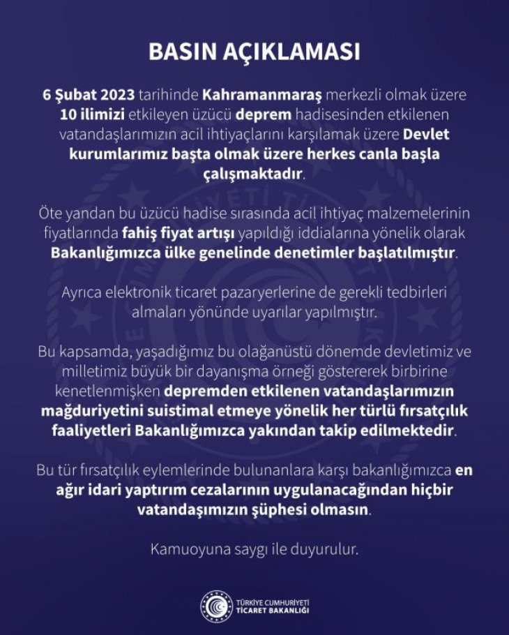 Deprem sonrası acil ihtiyaç malzemelerinin fiyatlarına fahiş artış yapıldı iddiası! Ticaret Bakanlığı denetim başlattı