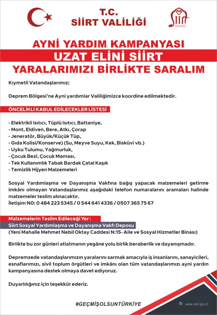 SİİRT VALİLİĞİ DEPREMZEDELER İÇİN AYNİ YARDIM KAMPANYASI BAŞALTTI