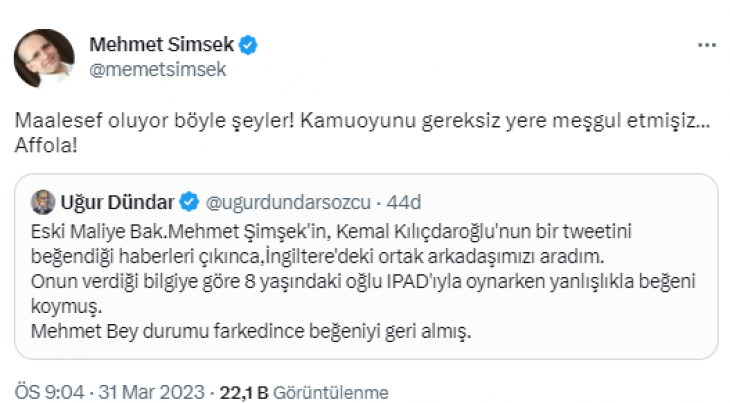 Kılıçdaroğlu'nun seçim kampanyasını beğenip geri çeken Mehmet Şimşek konuştu: 8 yaşındaki oğlum yanlışlıkla beğendi