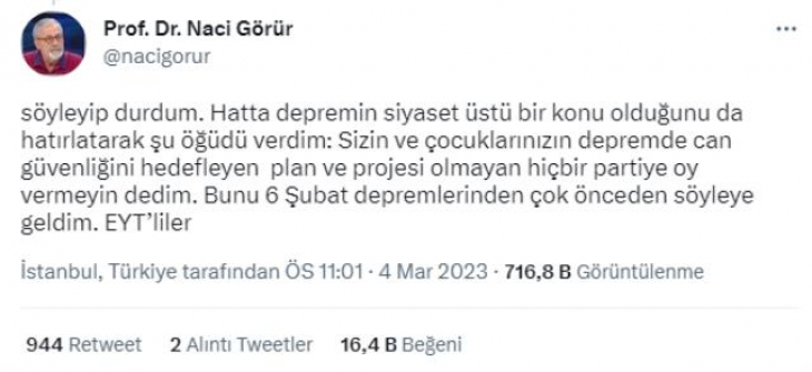 Deprem Uzmanı Naci Görür'den Seçim Tavsiyesi: Depremle ilgili projelerinden tatmin olmadığınız hiçbir partiye oy vermeyin