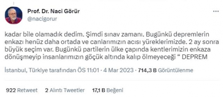 Deprem Uzmanı Naci Görür'den Seçim Tavsiyesi: Depremle ilgili projelerinden tatmin olmadığınız hiçbir partiye oy vermeyin