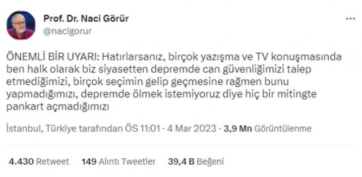 Deprem Uzmanı Naci Görür'den Seçim Tavsiyesi: Depremle ilgili projelerinden tatmin olmadığınız hiçbir partiye oy vermeyin