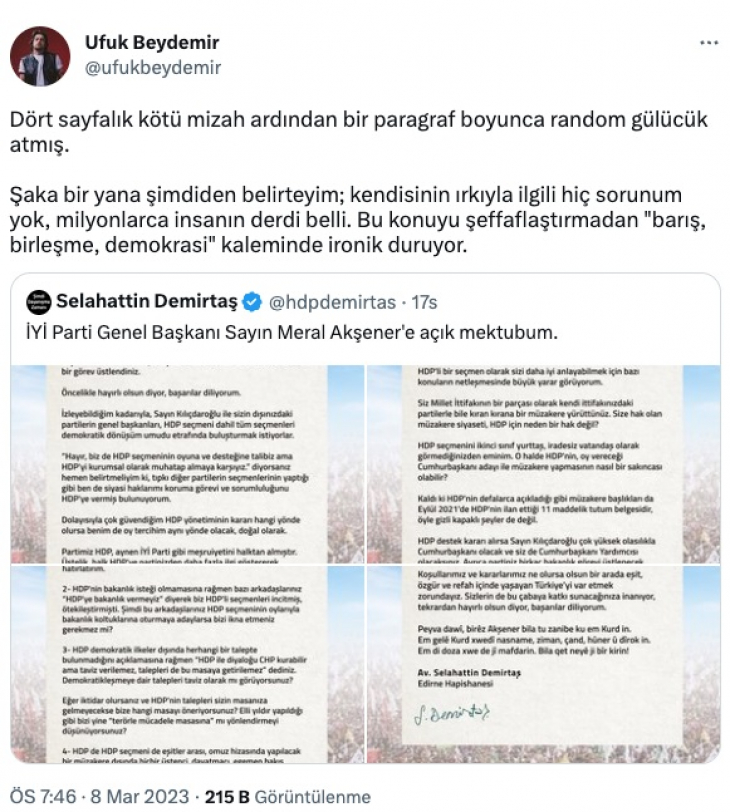 Demirtaş'ın Kürtçe mesajına 'Random gülücük' diyen müzisyen topa tutuldu