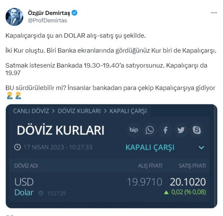 Özgür Demirtaş: Kapalıçarşı'da dolar kuru 20 TL'yi geçti