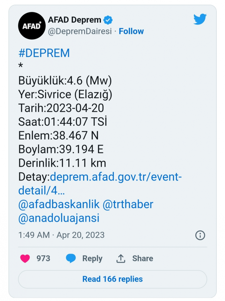 Elazığ'da 4.6 büyüklüğünde deprem