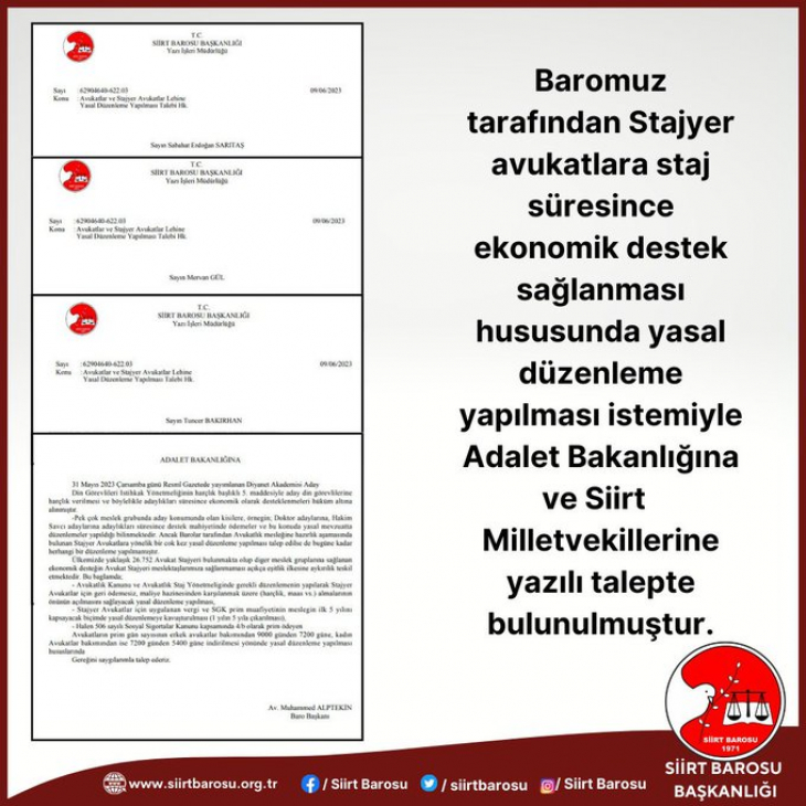 Siirt Baro Başkanlığı'ndan Adalet Bakanlığı ve Siirt Milletvekillerine Yazılı Talep