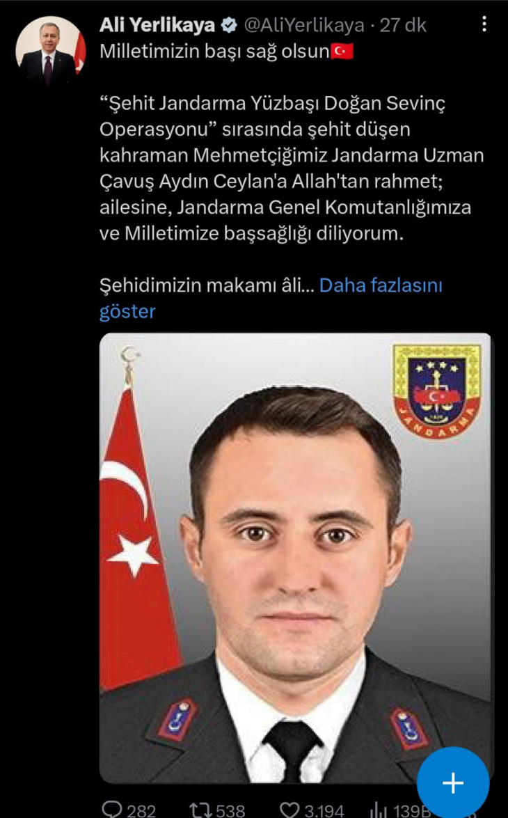 İçişleri Bakanı Yerlikaya, Siirt'te Şehit Düşen Askerin Kimliğini Açıkladı