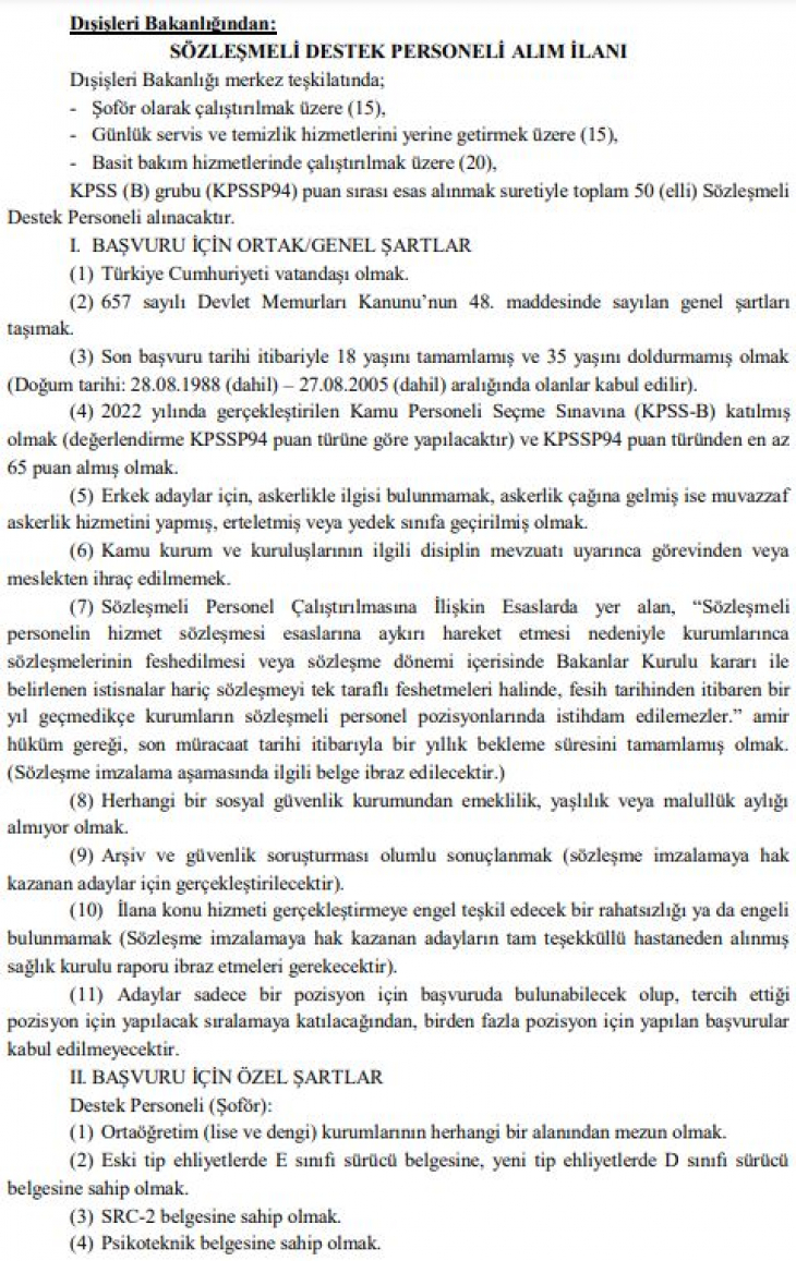 Dışişleri Bakanlığı 50 destek personeli alacak