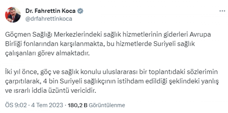 Sağlık Bakanı Koca, '4 bin Suriyeli sağlıkçı istihdam edildi' iddiasına yanıt verdi