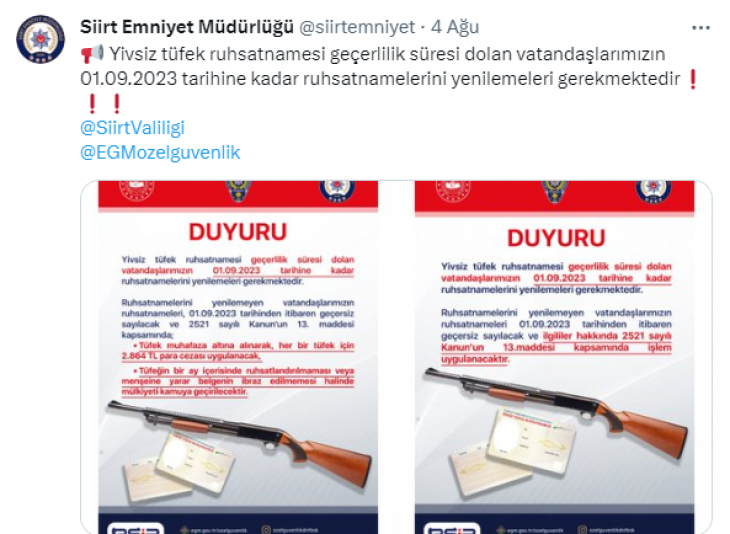 Siirt Emniyet Müdürlüğünden Av Tüfeği Bulunan Vatandaşlara Uyarı!