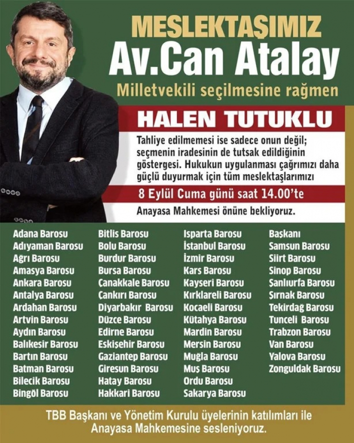 Siirt Barosu dahil 54 baro, Can Atalay için AYM önünde eylem yapacak