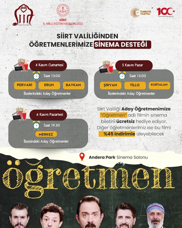 Siirt Valiliğinden öğretmenlere sinema desteği