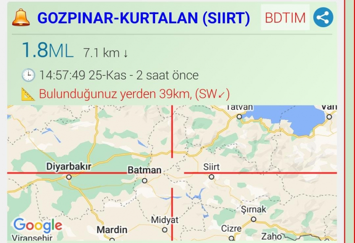 Siirt'te 1,8 büyüklüğünde deprem