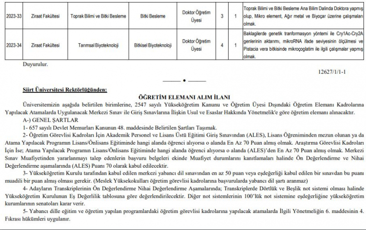 Siirt Üniversitesi Akademik Personel Alacağını Duyurdu
