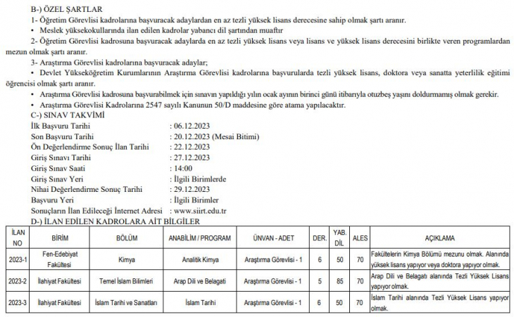 Siirt Üniversitesi Akademik Personel Alacağını Duyurdu