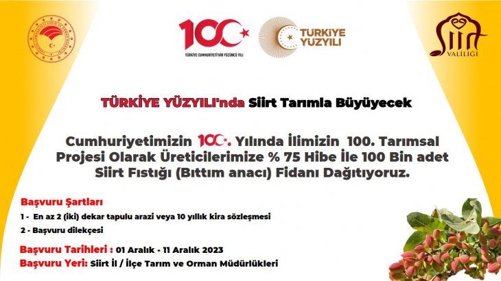 Cumhuriyetin 100. yılında Siirt'te çiftçilere 100 bin Siirt Fıstığı fidesi dağıtılacak