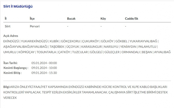 Siirt'te yarın birçok yerde elektrik kesintisi yaşanacak! İşte elektrik kesintisinden etkilenecek mahalleler, ilçeler ve köyler!