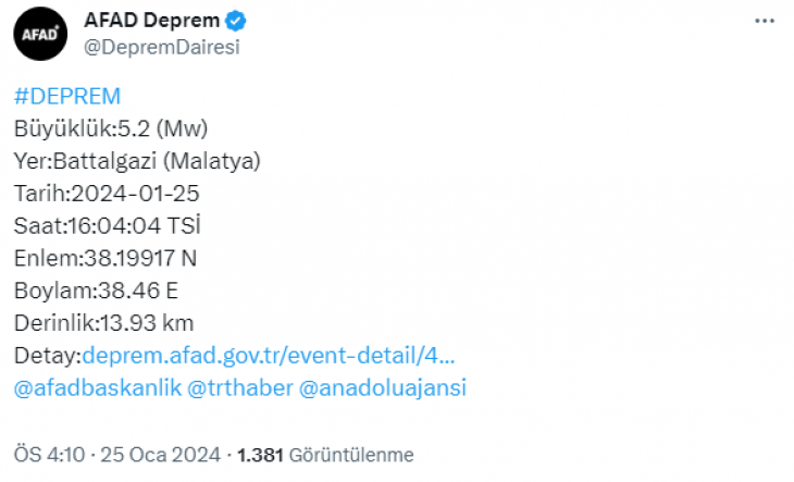 Malatya'da 5.2 büyüklüğünde deprem meydana geldi