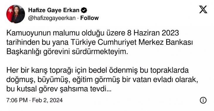 Merkez Bankası Başkanı Hafize Gaye Erkan görevinden affını istedi