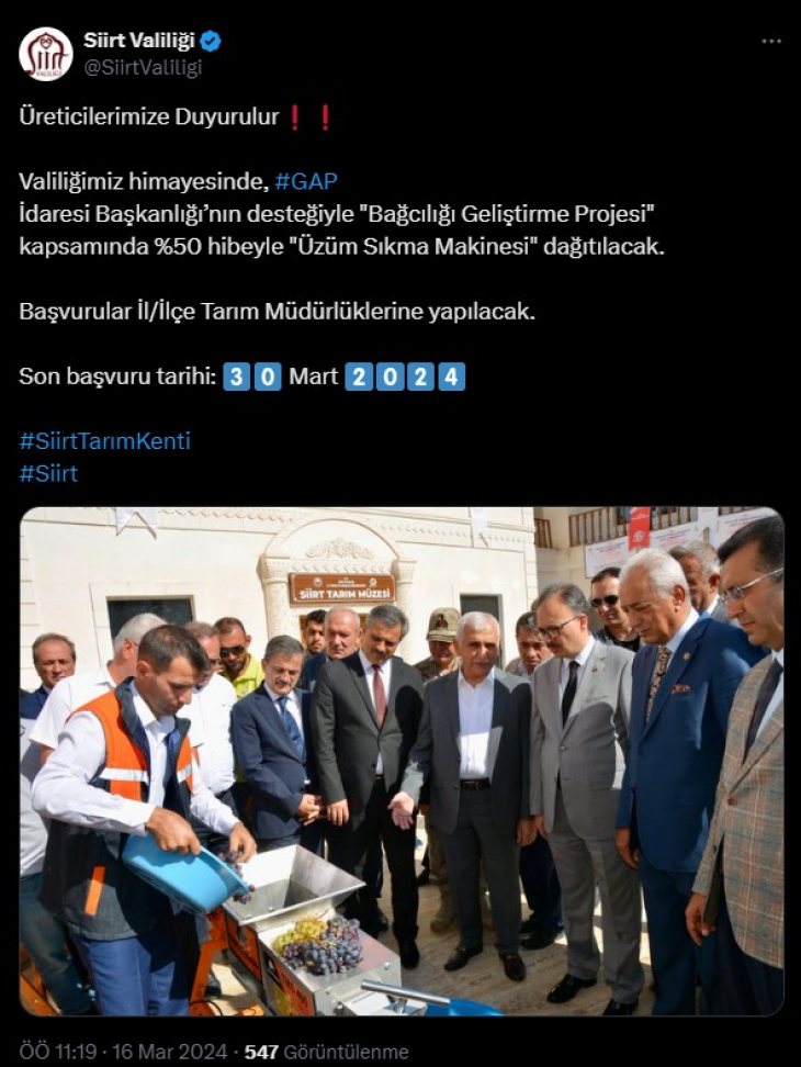 Siirt Valiliği yüzde 50 hibe ile 'Üzüm Sıkma Makinesi' dağıtacak