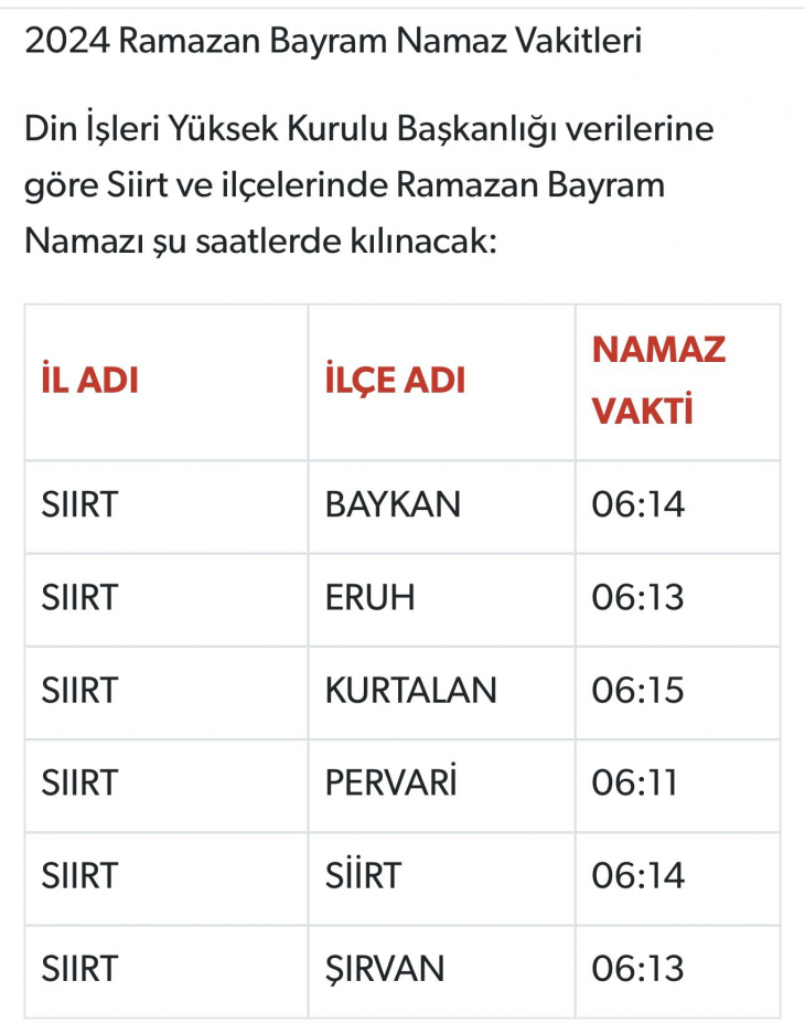 Siirt için Ramazan Bayram Namazı saatleri