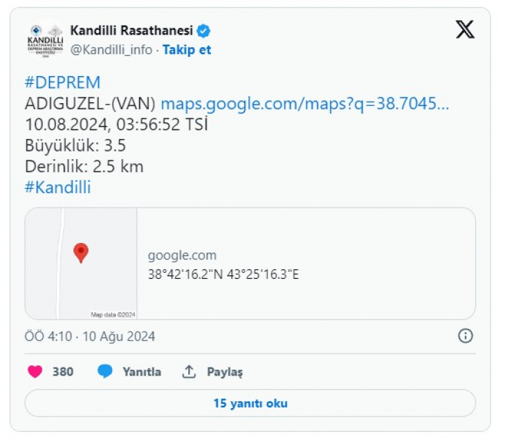 Van'da 3.5 şiddetinde deprem meydana geldi!