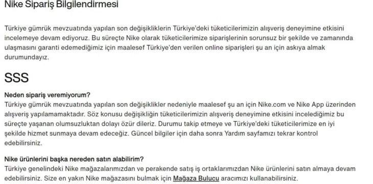 Nike, Türkiye'deki internet alışverişlerini durdurdu