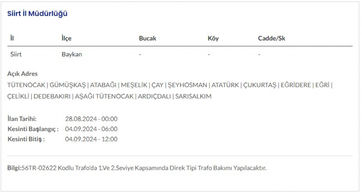 Siirt ve İlçelerinde 4 Eylül Günü Elektrik Kesintileri Yapılacak! İşte Kesinti Yapılacak Yerler ve Saatler