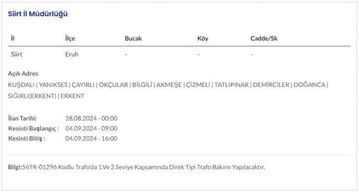 Siirt ve İlçelerinde 4 Eylül Günü Elektrik Kesintileri Yapılacak! İşte Kesinti Yapılacak Yerler ve Saatler