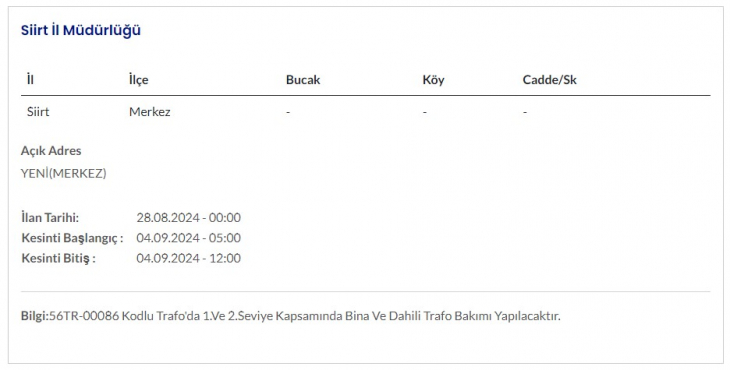 Siirt ve İlçelerinde 4 Eylül Günü Elektrik Kesintileri Yapılacak! İşte Kesinti Yapılacak Yerler ve Saatler