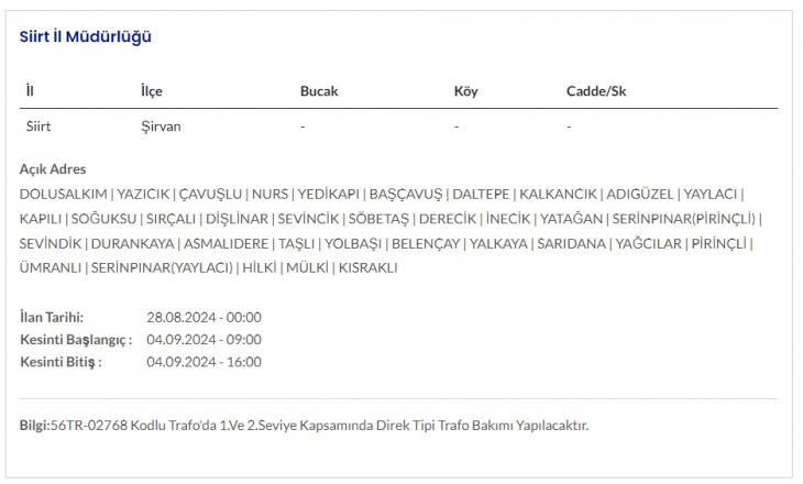 Siirt ve İlçelerinde 4 Eylül Günü Elektrik Kesintileri Yapılacak! İşte Kesinti Yapılacak Yerler ve Saatler