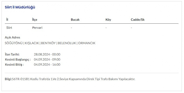 Siirt ve İlçelerinde 4 Eylül Günü Elektrik Kesintileri Yapılacak! İşte Kesinti Yapılacak Yerler ve Saatler