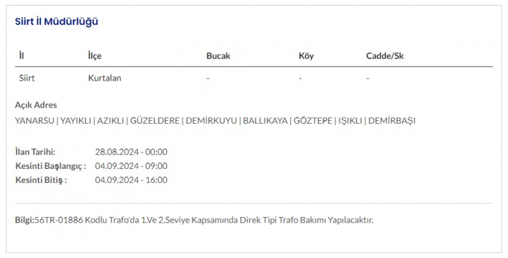 Siirt ve İlçelerinde 4 Eylül Günü Elektrik Kesintileri Yapılacak! İşte Kesinti Yapılacak Yerler ve Saatler